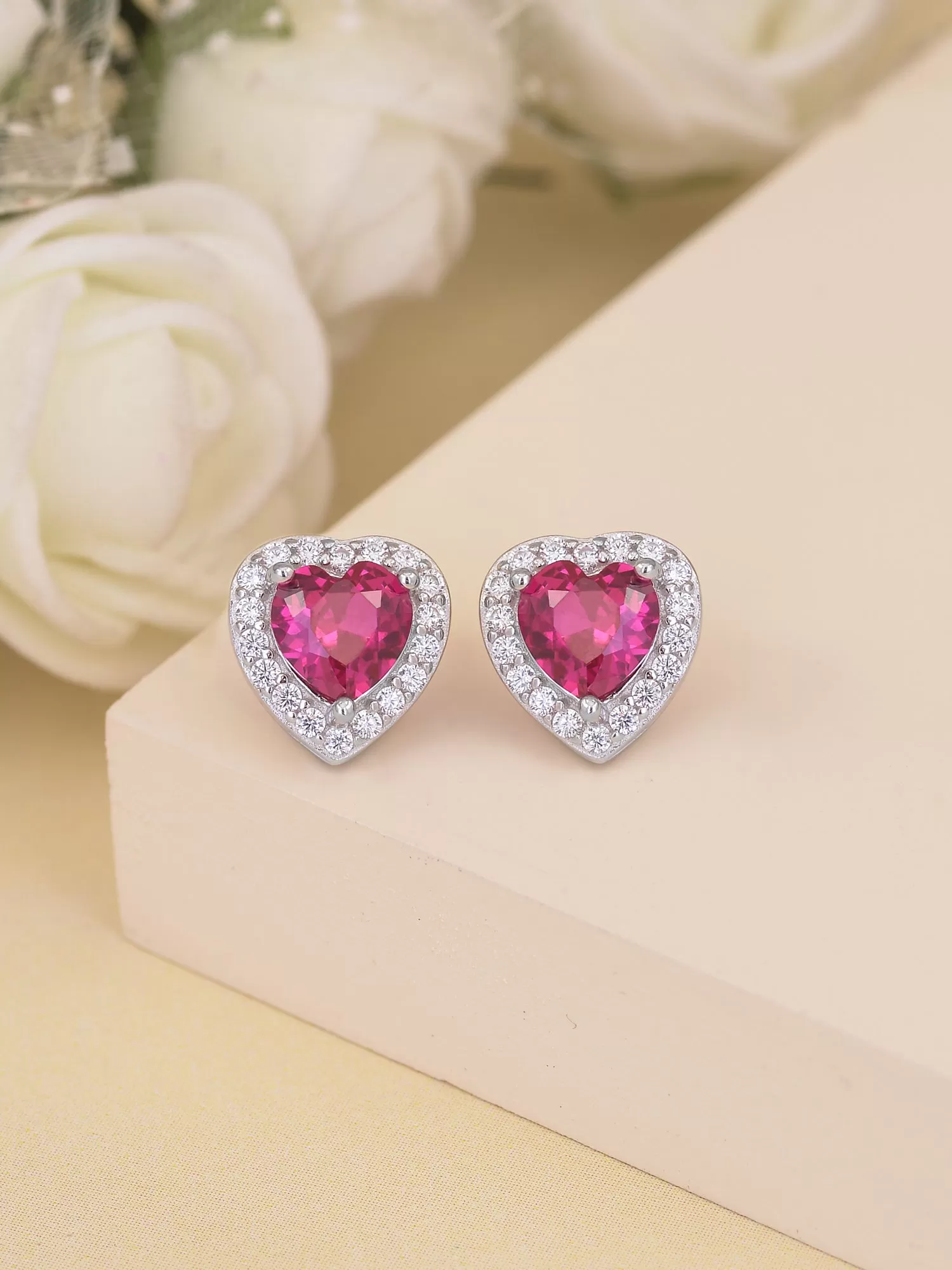 925 Silver Red Ruby Heart Shaped Stud Earring