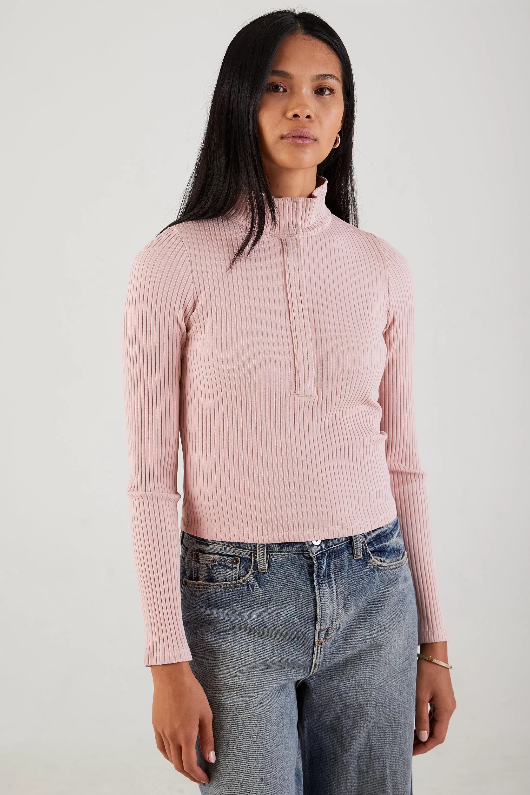 AIi Rib Long Sleeve Crop Snap Polo in Dust