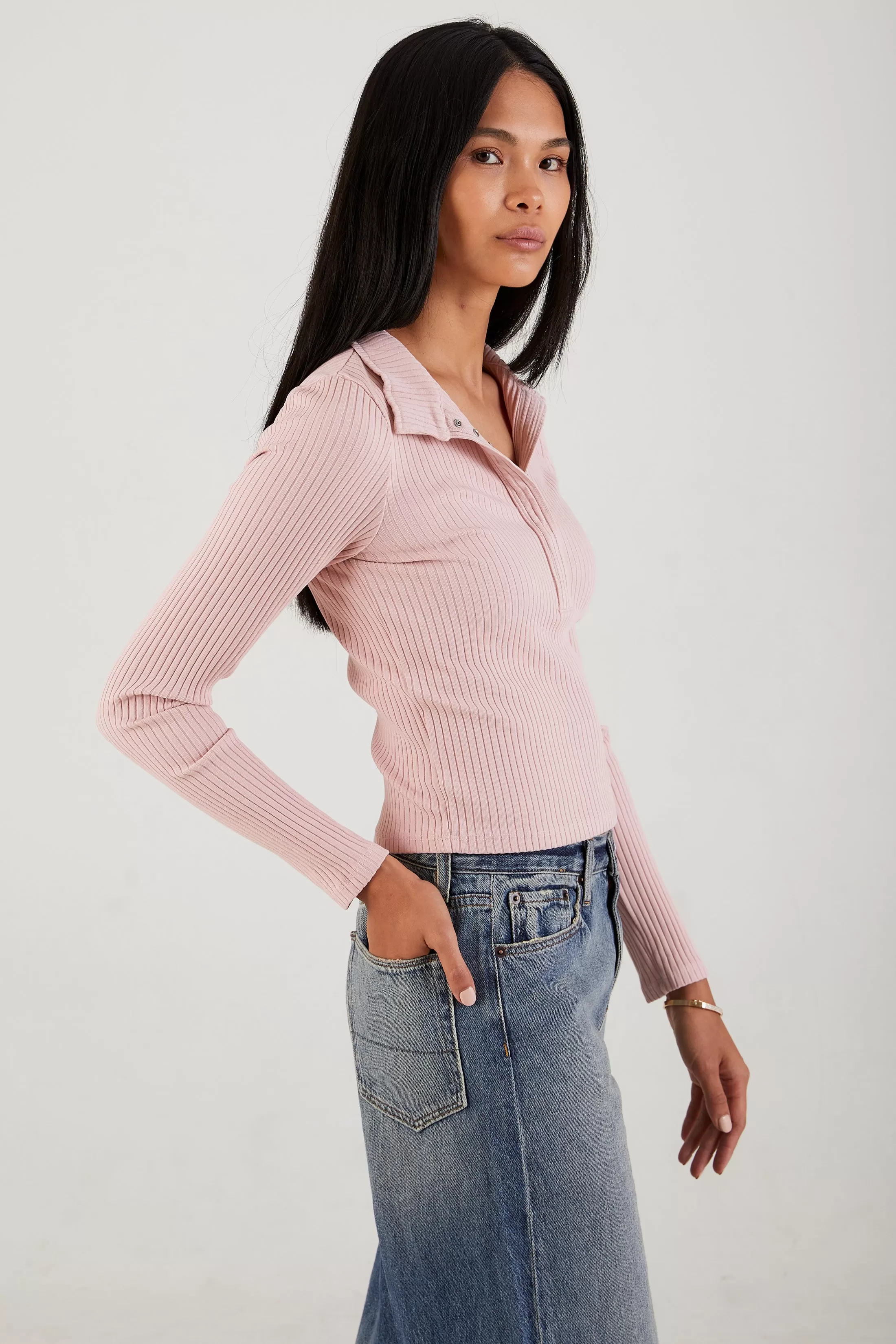 AIi Rib Long Sleeve Crop Snap Polo in Dust