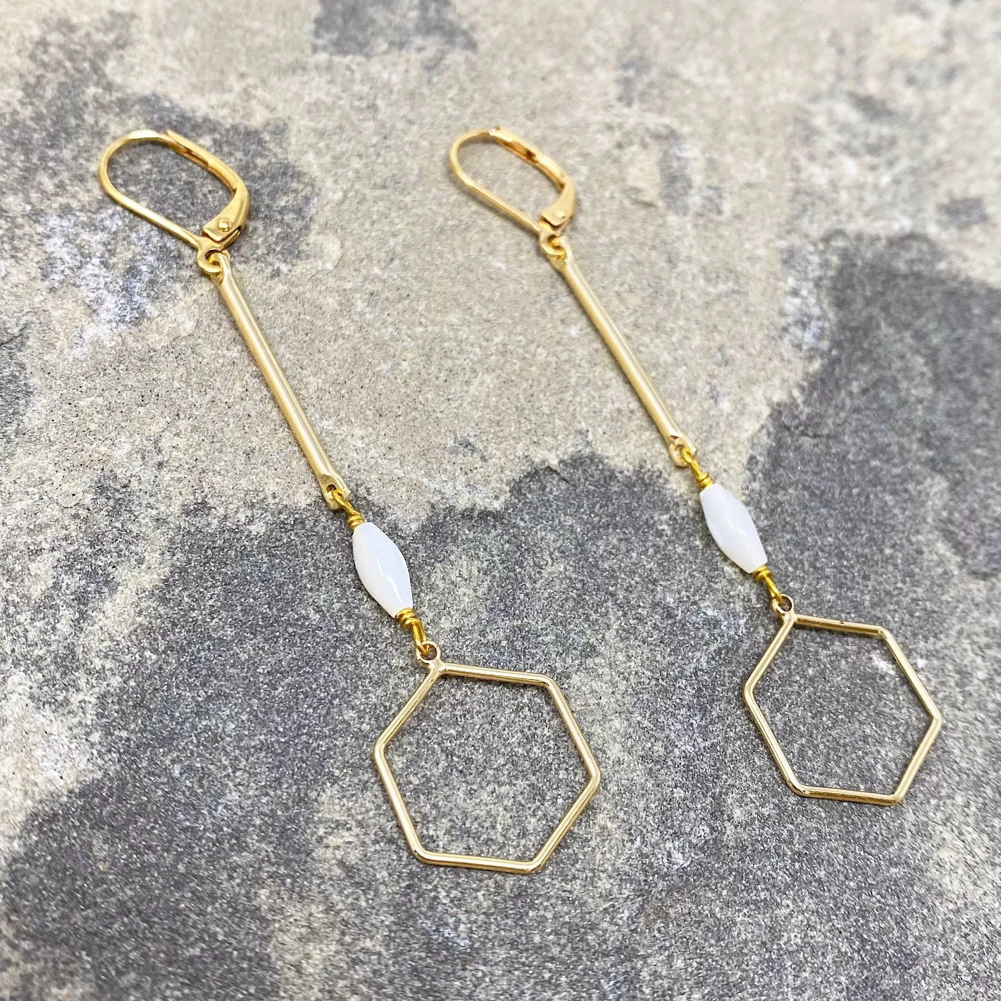 AINSLAY long gold hexagon earrings