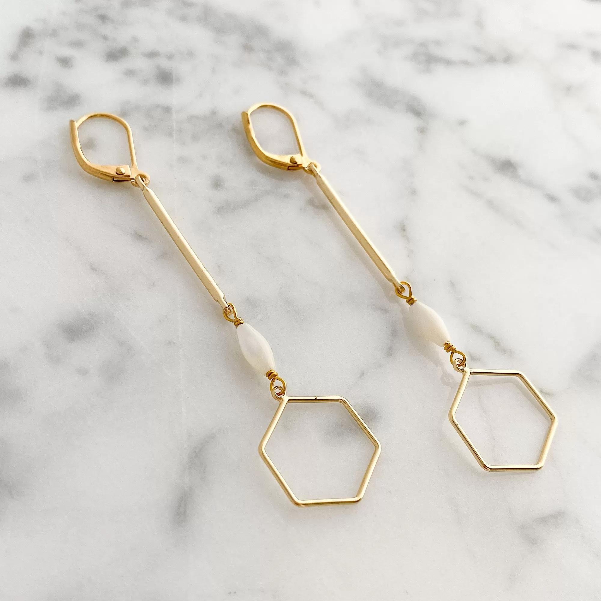 AINSLAY long gold hexagon earrings