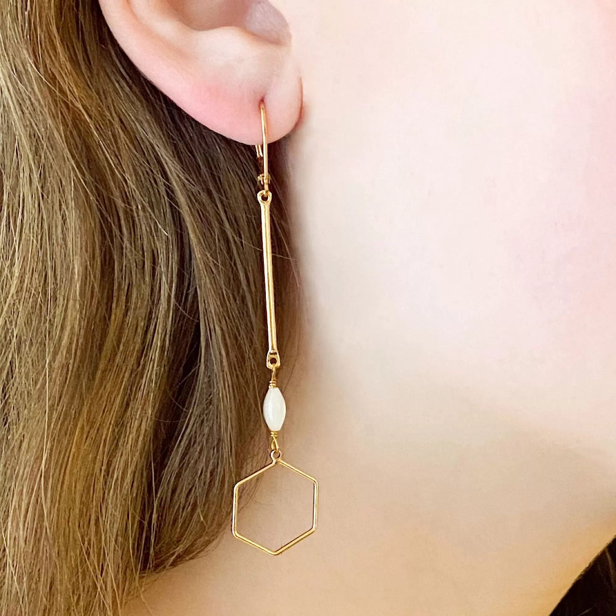 AINSLAY long gold hexagon earrings