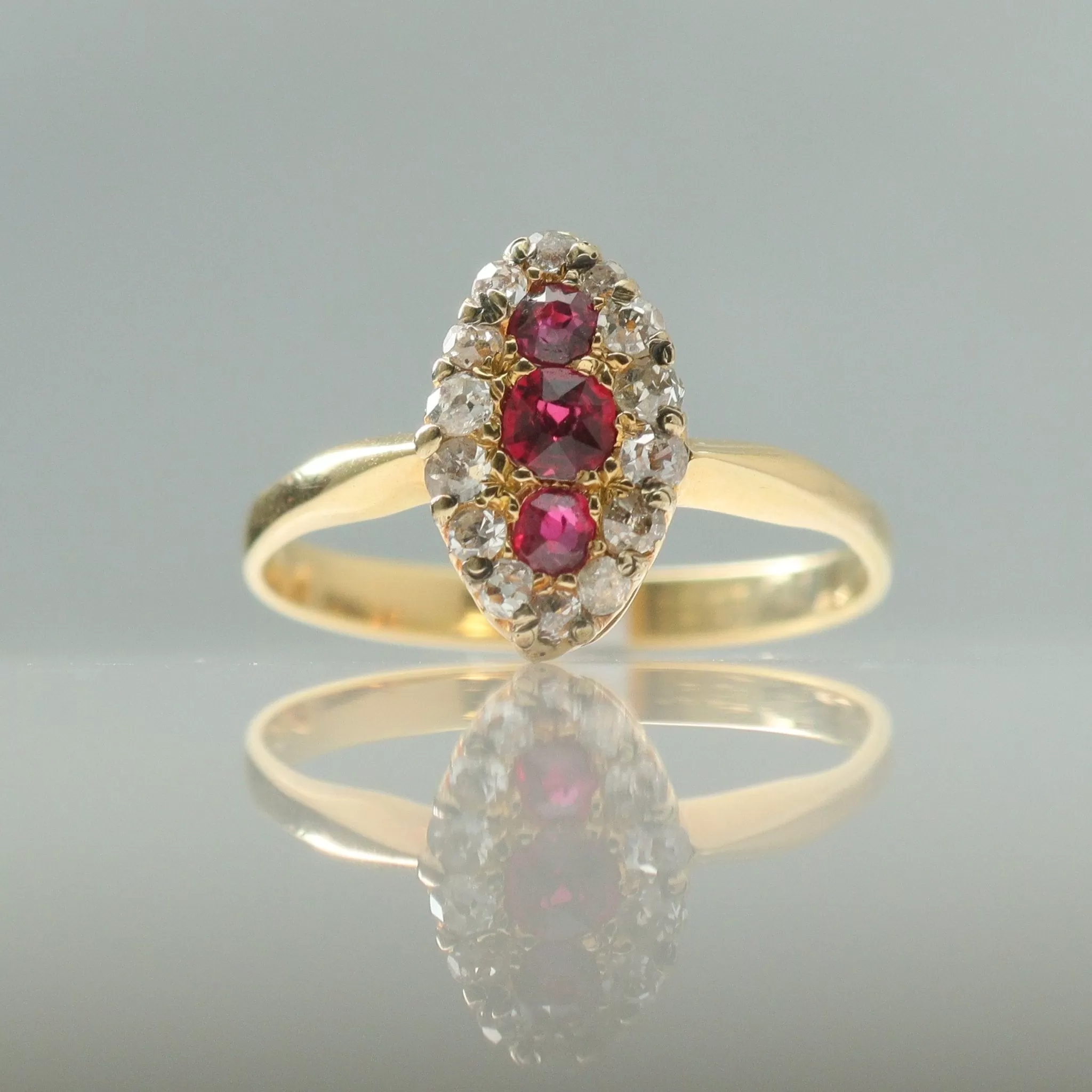 Art Deco Ruby and Diamond Navette  Shaped Panel Ring