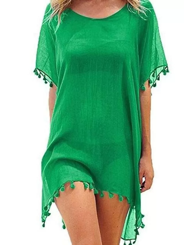 Beach Dress Women's Swimwear Cover-Up: Solid Color Ruffle Swimsuit Cover-Up