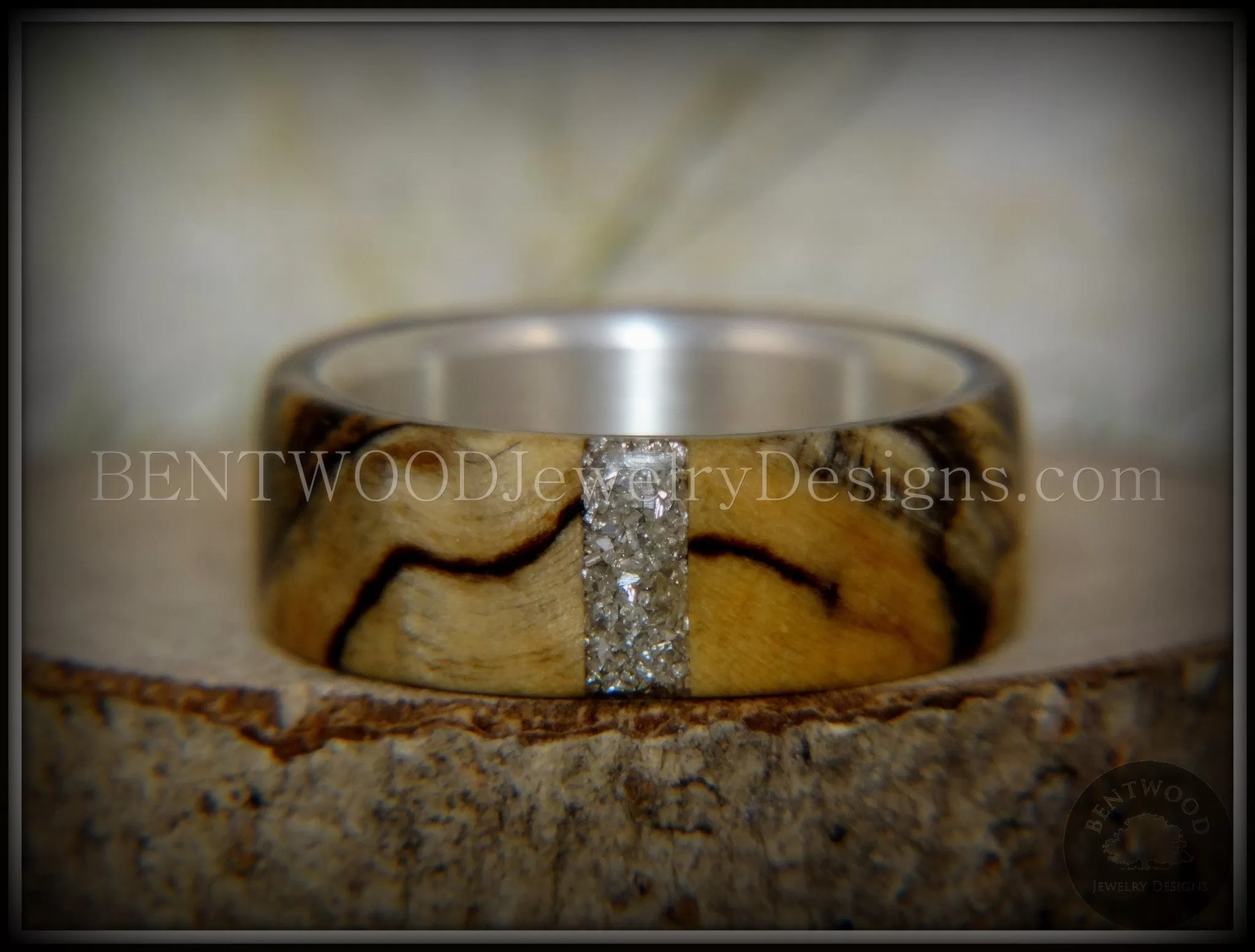 Bentwood Ring - Spalted Maple Ring on Fine Silver Core and Transverse Silver Glass Inlay