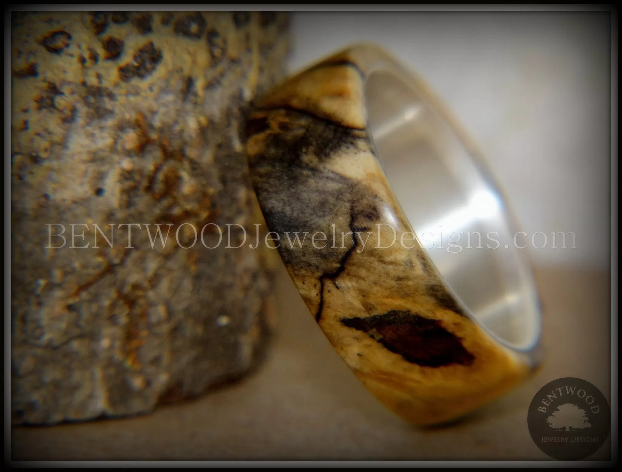 Bentwood Ring - Spalted Maple Ring on Fine Silver Core and Transverse Silver Glass Inlay