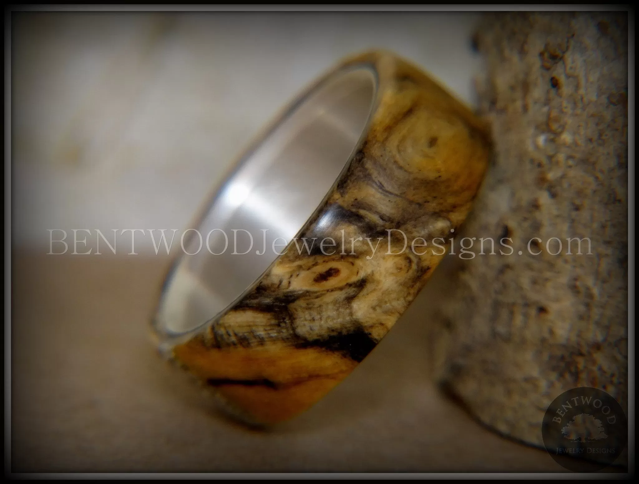 Bentwood Ring - Spalted Maple Ring on Fine Silver Core and Transverse Silver Glass Inlay