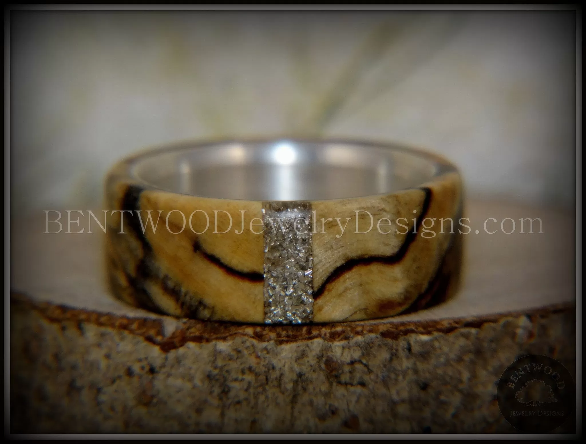 Bentwood Ring - Spalted Maple Ring on Fine Silver Core and Transverse Silver Glass Inlay