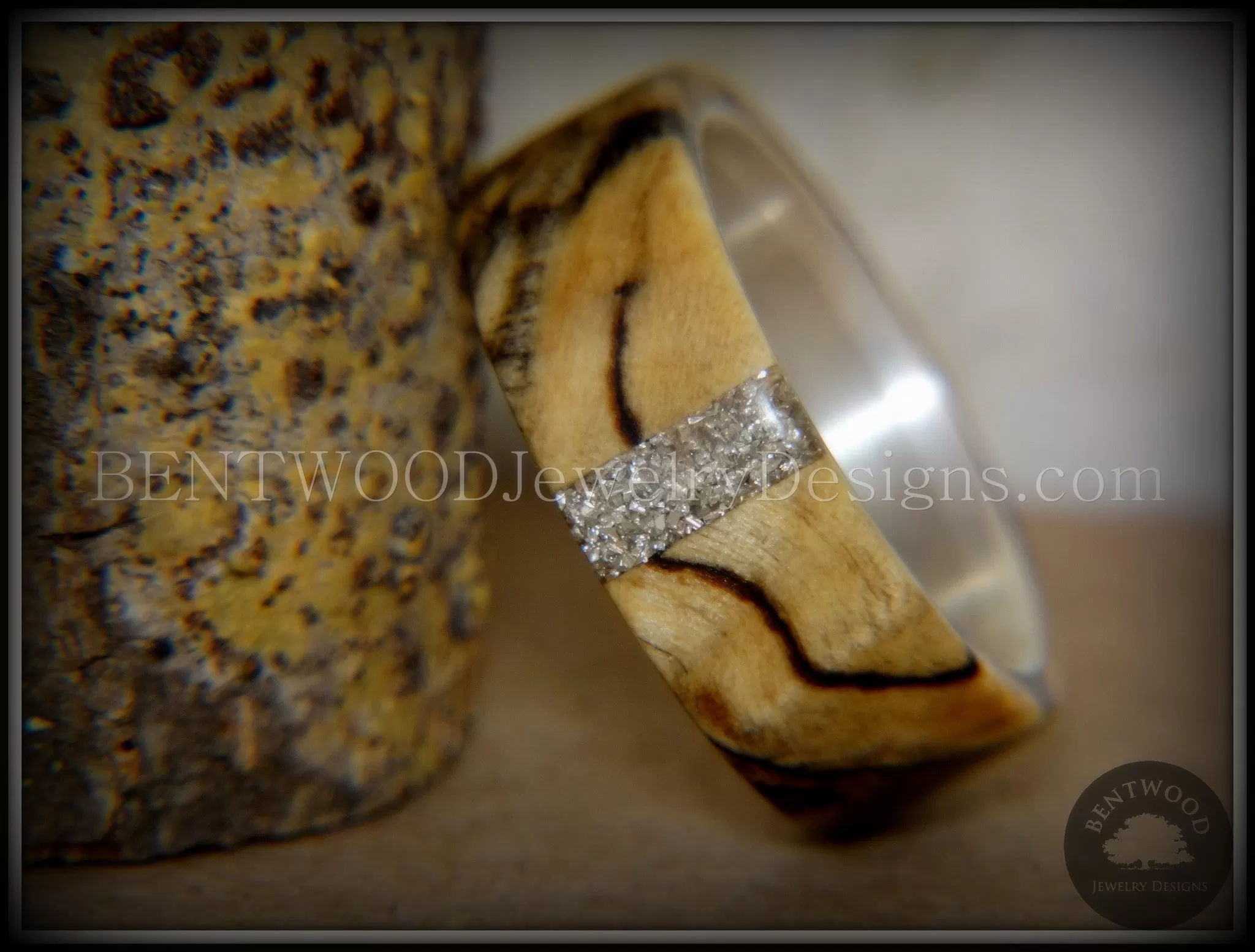 Bentwood Ring - Spalted Maple Ring on Fine Silver Core and Transverse Silver Glass Inlay