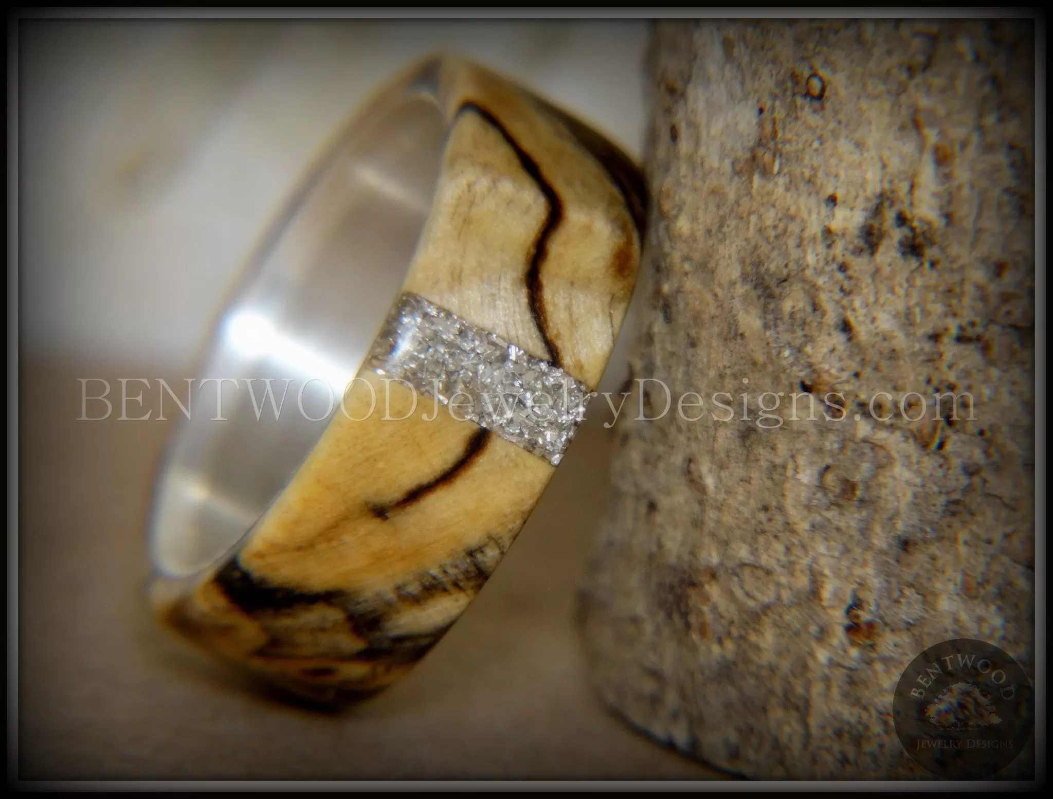 Bentwood Ring - Spalted Maple Ring on Fine Silver Core and Transverse Silver Glass Inlay