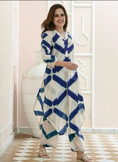 Blue & White Geometric Print Cotton Kurti Pant Set Of 2