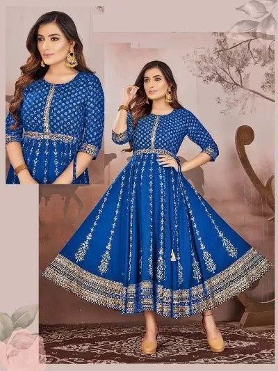 Blue Beautiful Foil Print Rayon Kurti UK Next Day