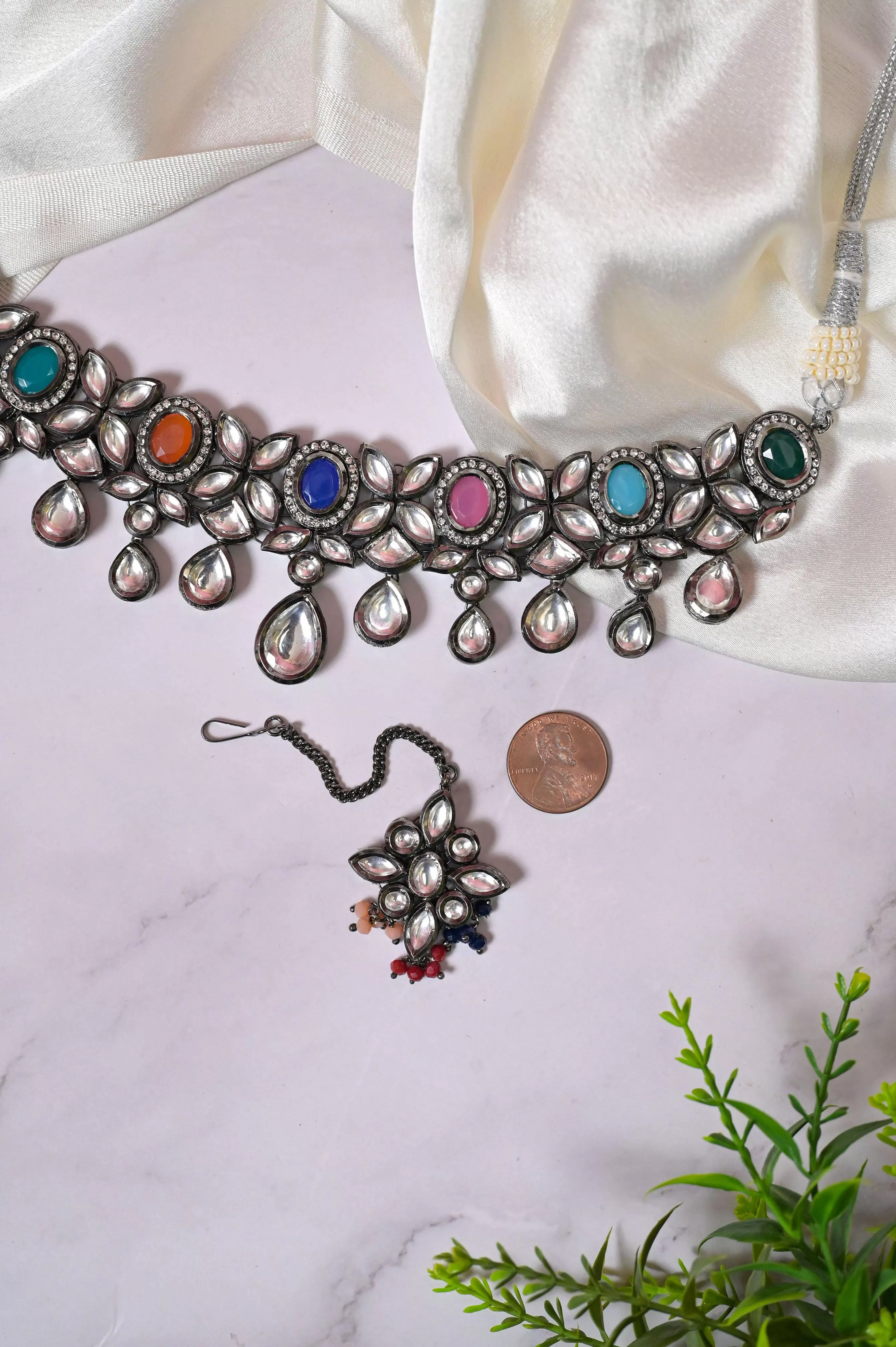 Boho Style Silver Kundan Choker with Maang Tika