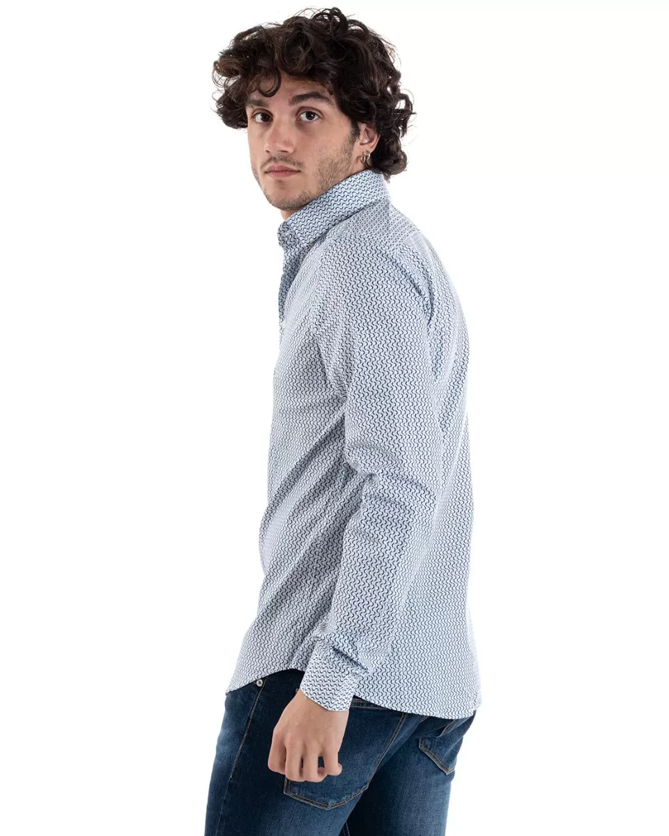 Camicia Uomo Con Colletto Manica Lunga Slim Fit Casual Cotone Fantasia Blu GIOSAL-C1269A