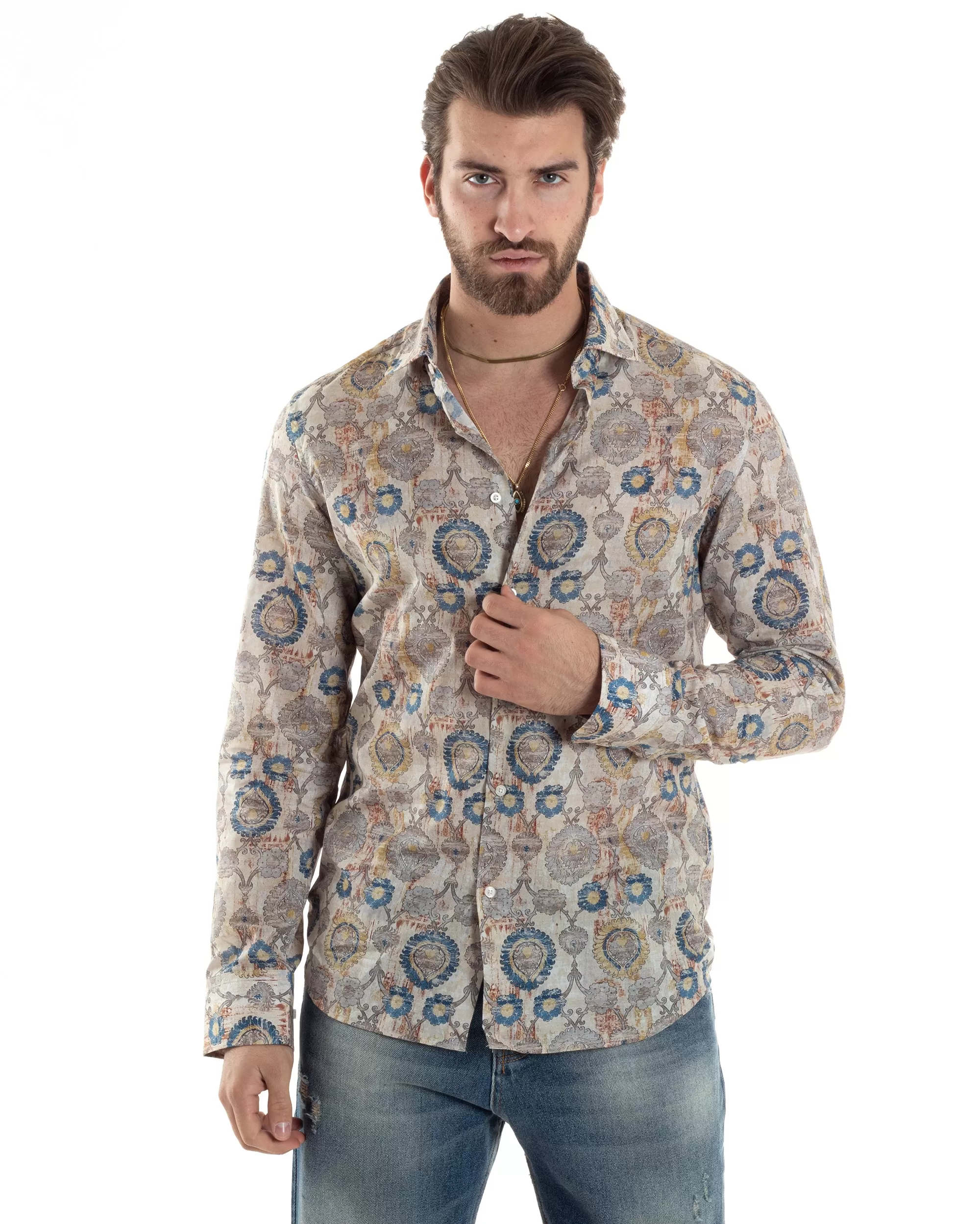 Camicia Uomo Manica Lunga Collo Francese Con Colletto Slim Fit Multicolore Fantasia Etnica GIOSAL-C2853A