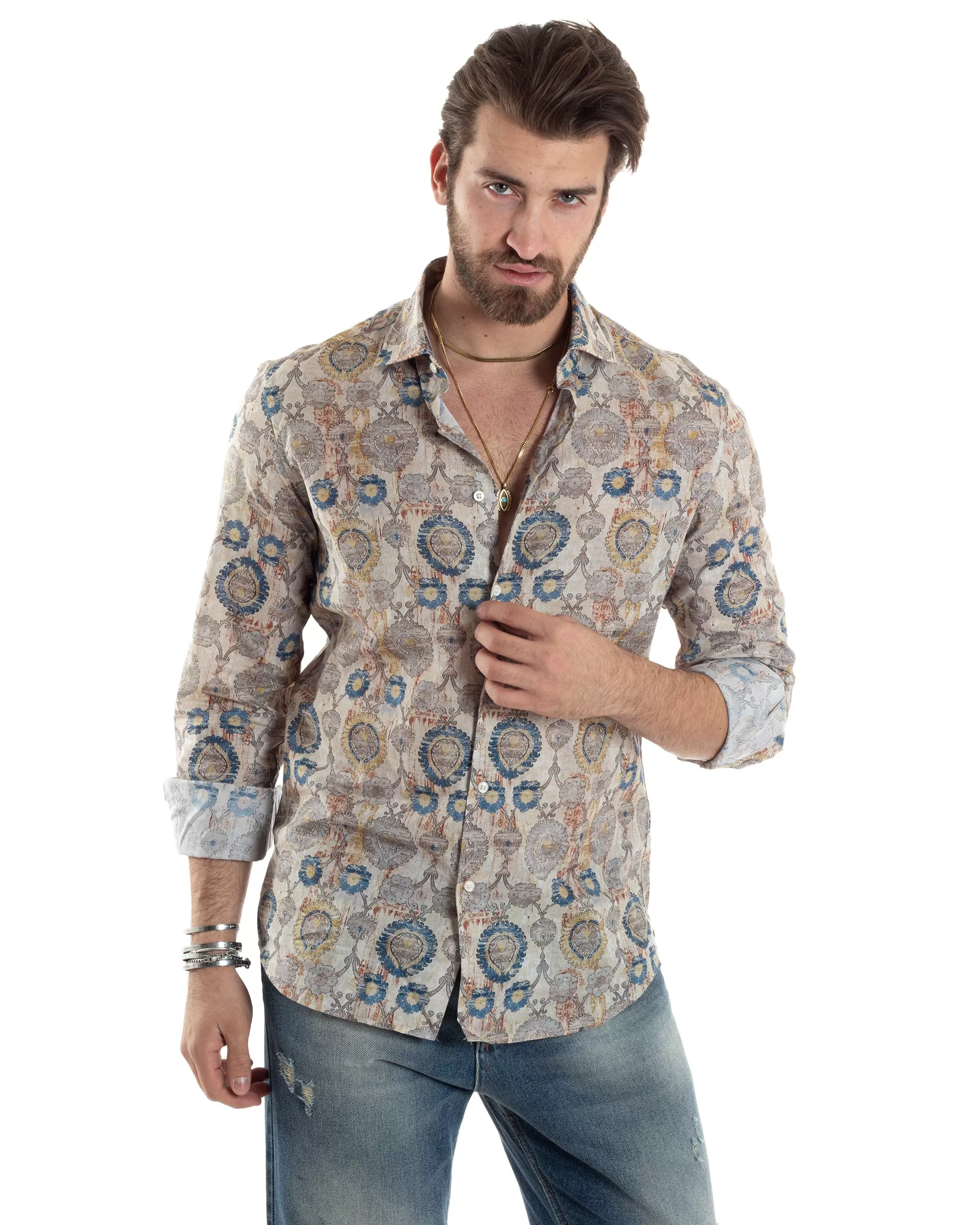 Camicia Uomo Manica Lunga Collo Francese Con Colletto Slim Fit Multicolore Fantasia Etnica GIOSAL-C2853A