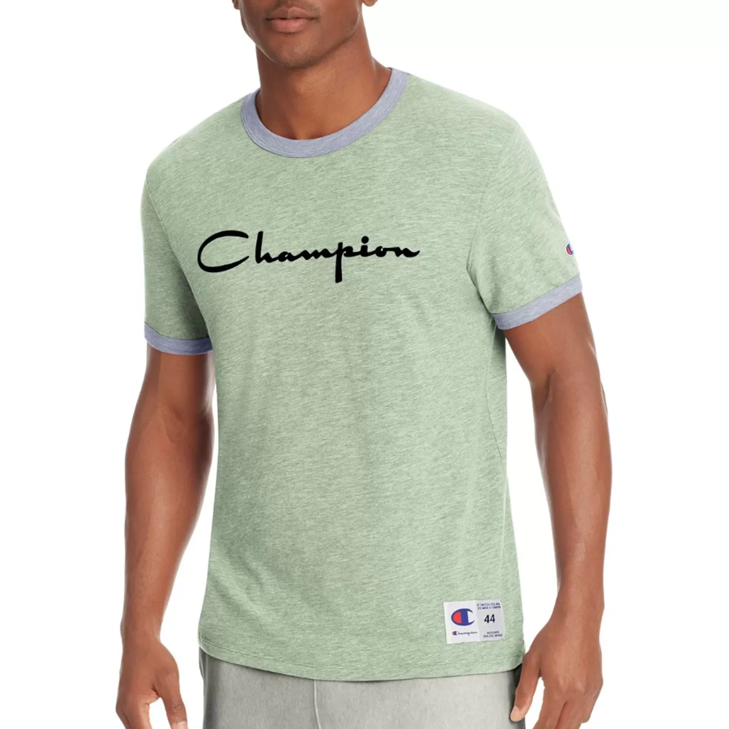 Champion Men's Heritage Ringer Tee, Flocked Script Logo (Olive)