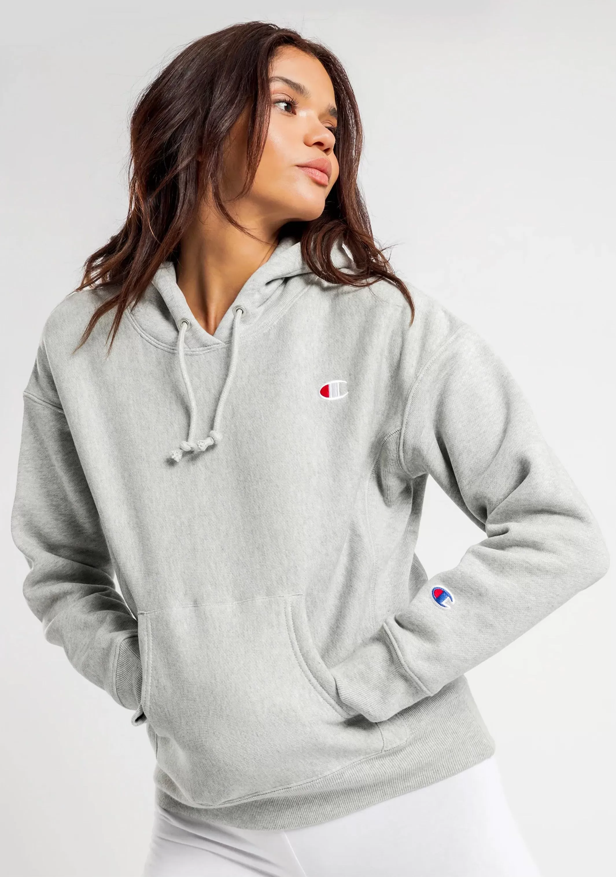 Champion Womens Reverse Weave C Logo Regular Fit Hoodie Grey <br> CWFBN E8C