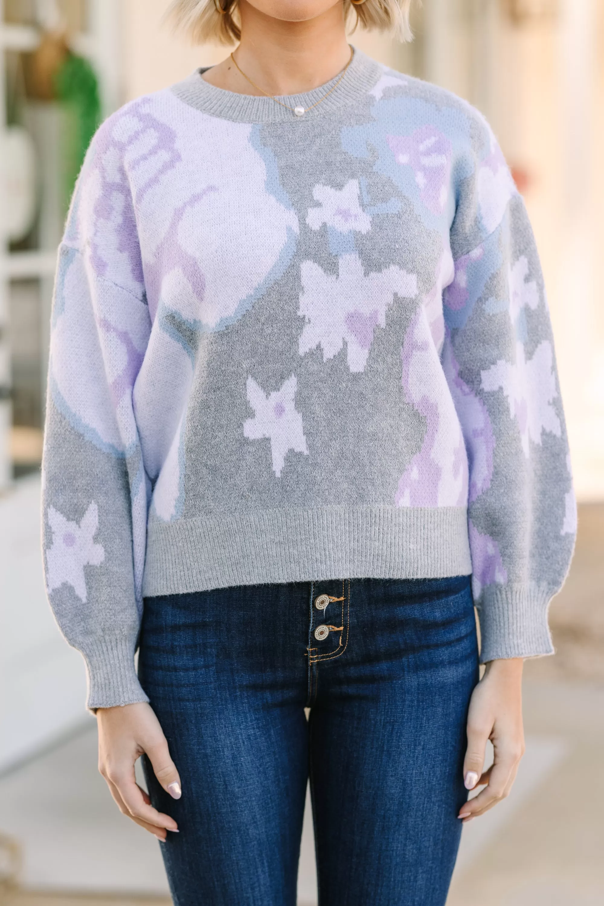 Chic Pursuits Blue Floral Sweater