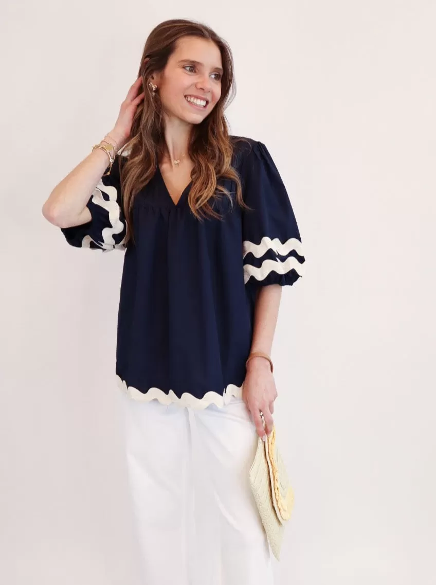 Chic Scalloped Navy Blouse