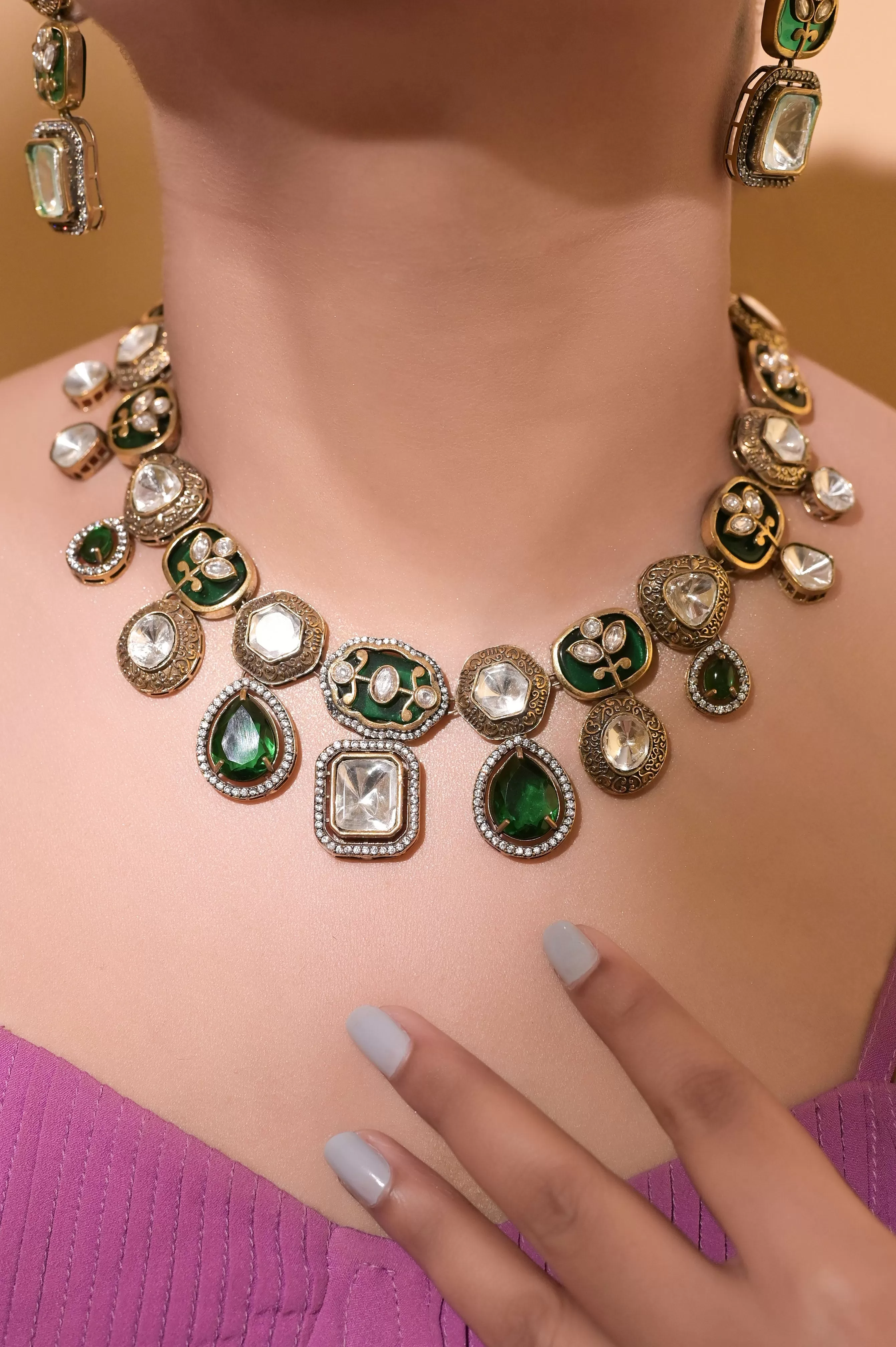 Collar Necklace Set with Stone Work and Polki Design