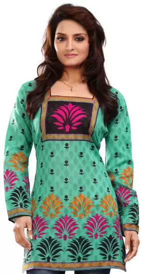 Cotton Indian Kurti Top Tunic Printed Womens Blouse India Clothes (Green)