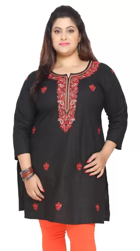 Cotton Tunic Long Top Kurti Womens India Plus Size Clothes (Black)