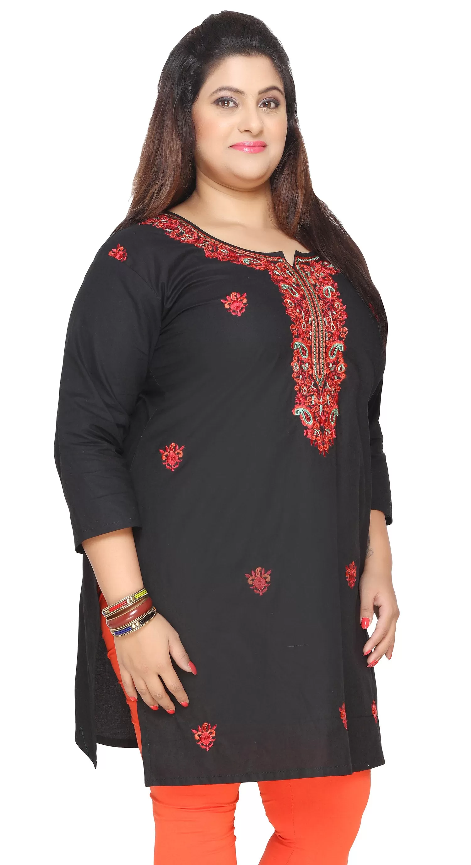 Cotton Tunic Long Top Kurti Womens India Plus Size Clothes (Black)