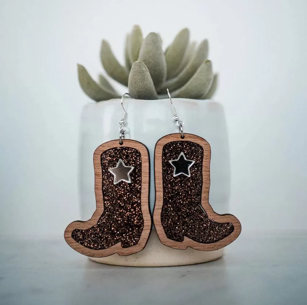 Cowboy Boots French Hook Wood Earrings