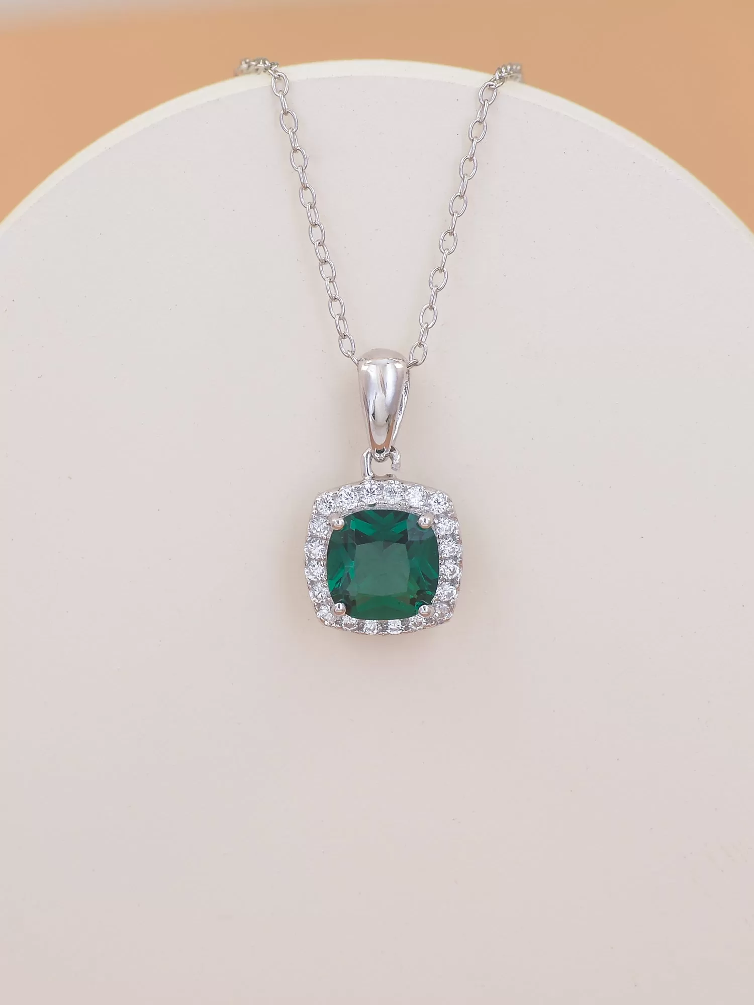 Cushion Cut Emerald Pendant With 925 Silver Chain