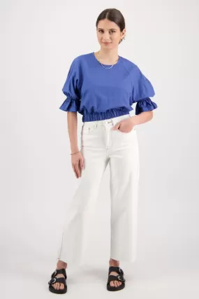 Dare Me Cornflower Blue Linen Puff Sleeve Tie Back Crop Top