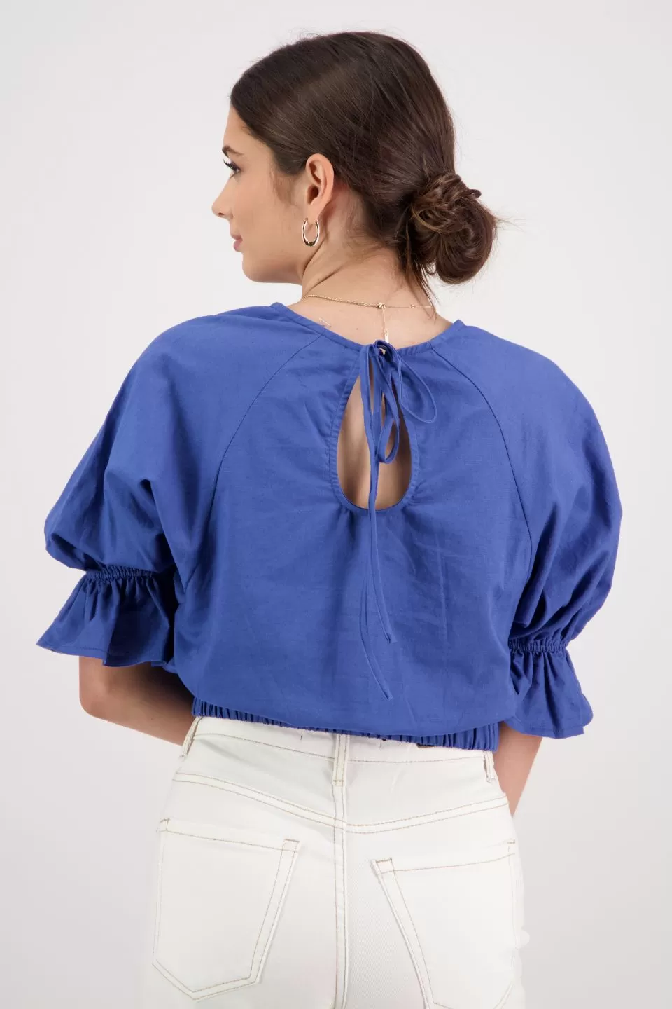 Dare Me Cornflower Blue Linen Puff Sleeve Tie Back Crop Top