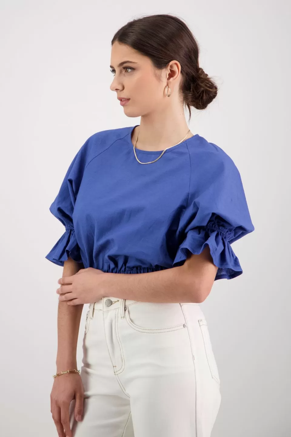 Dare Me Cornflower Blue Linen Puff Sleeve Tie Back Crop Top