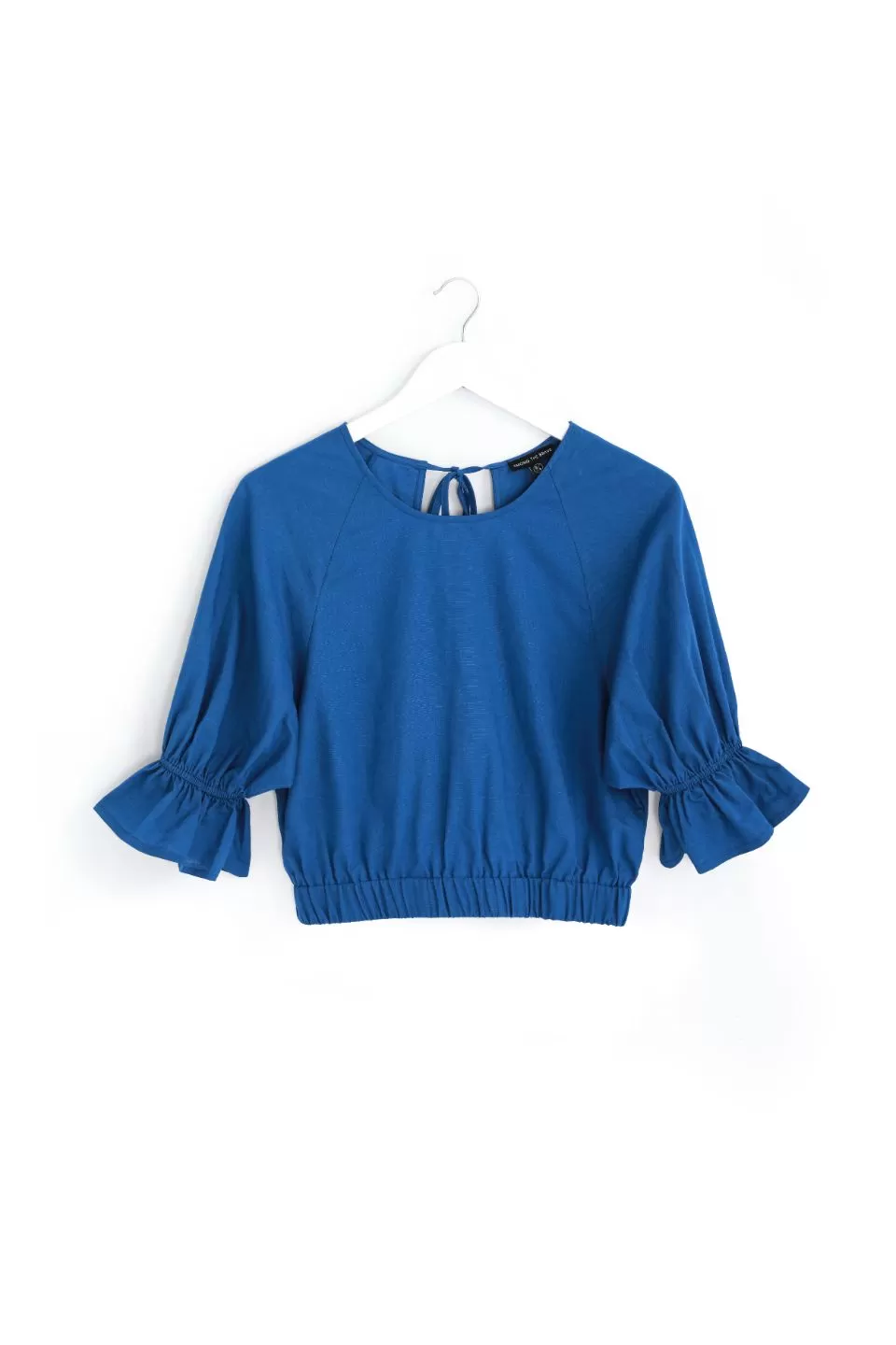 Dare Me Cornflower Blue Linen Puff Sleeve Tie Back Crop Top