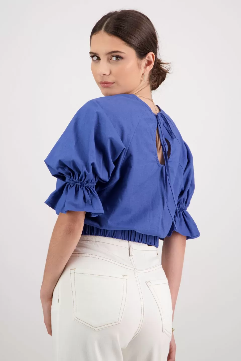 Dare Me Cornflower Blue Linen Puff Sleeve Tie Back Crop Top