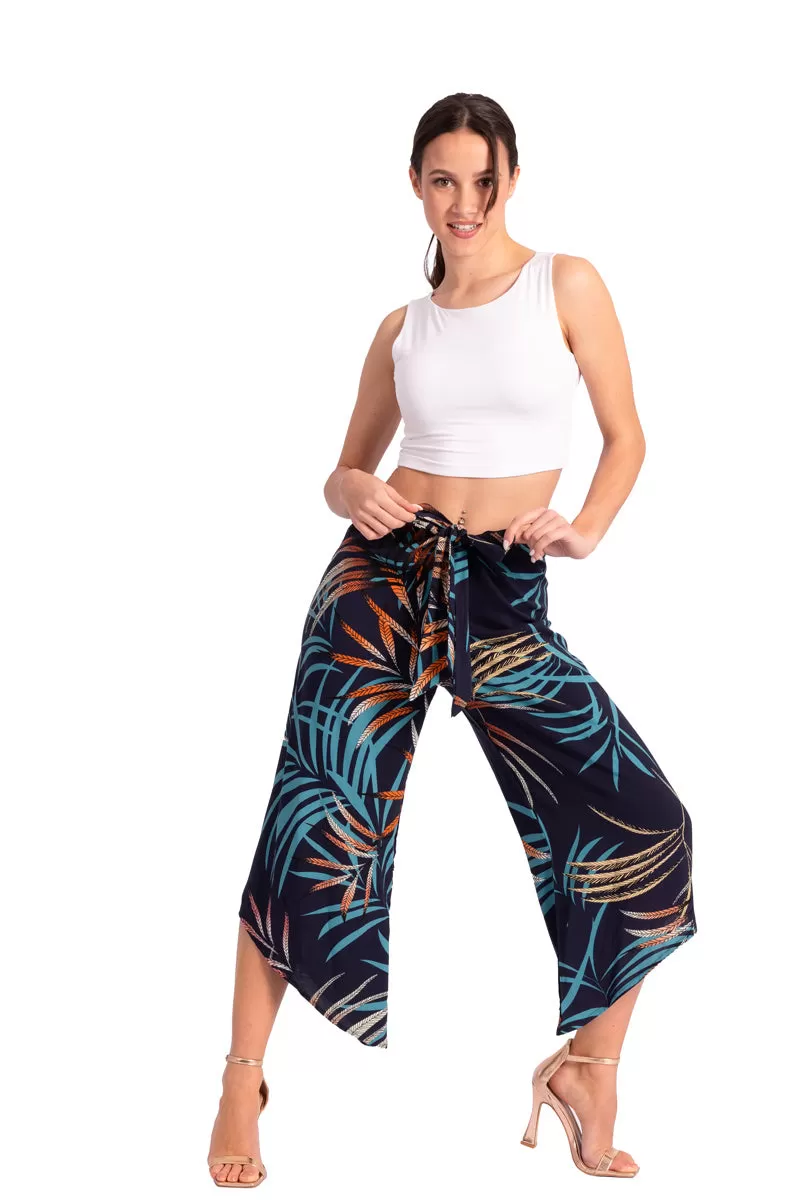 Dark Blue Waist Tie Tropical Print Asymmetric Cropped Pants