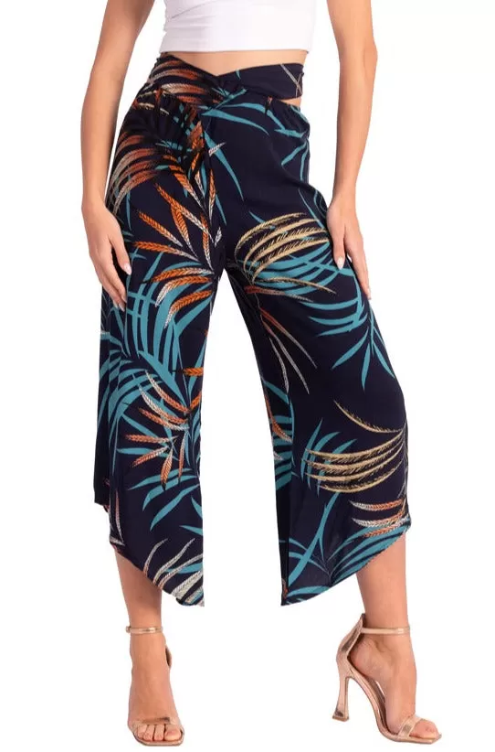 Dark Blue Waist Tie Tropical Print Asymmetric Cropped Pants