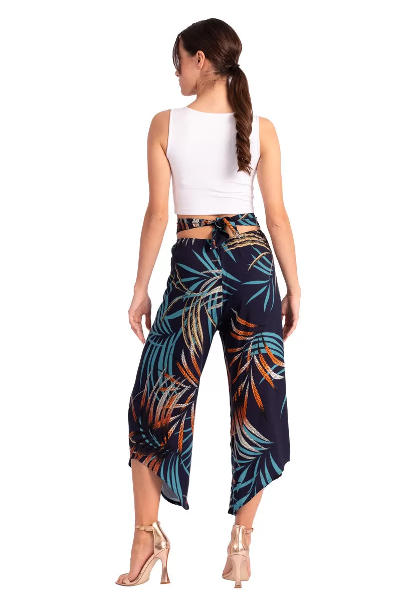 Dark Blue Waist Tie Tropical Print Asymmetric Cropped Pants