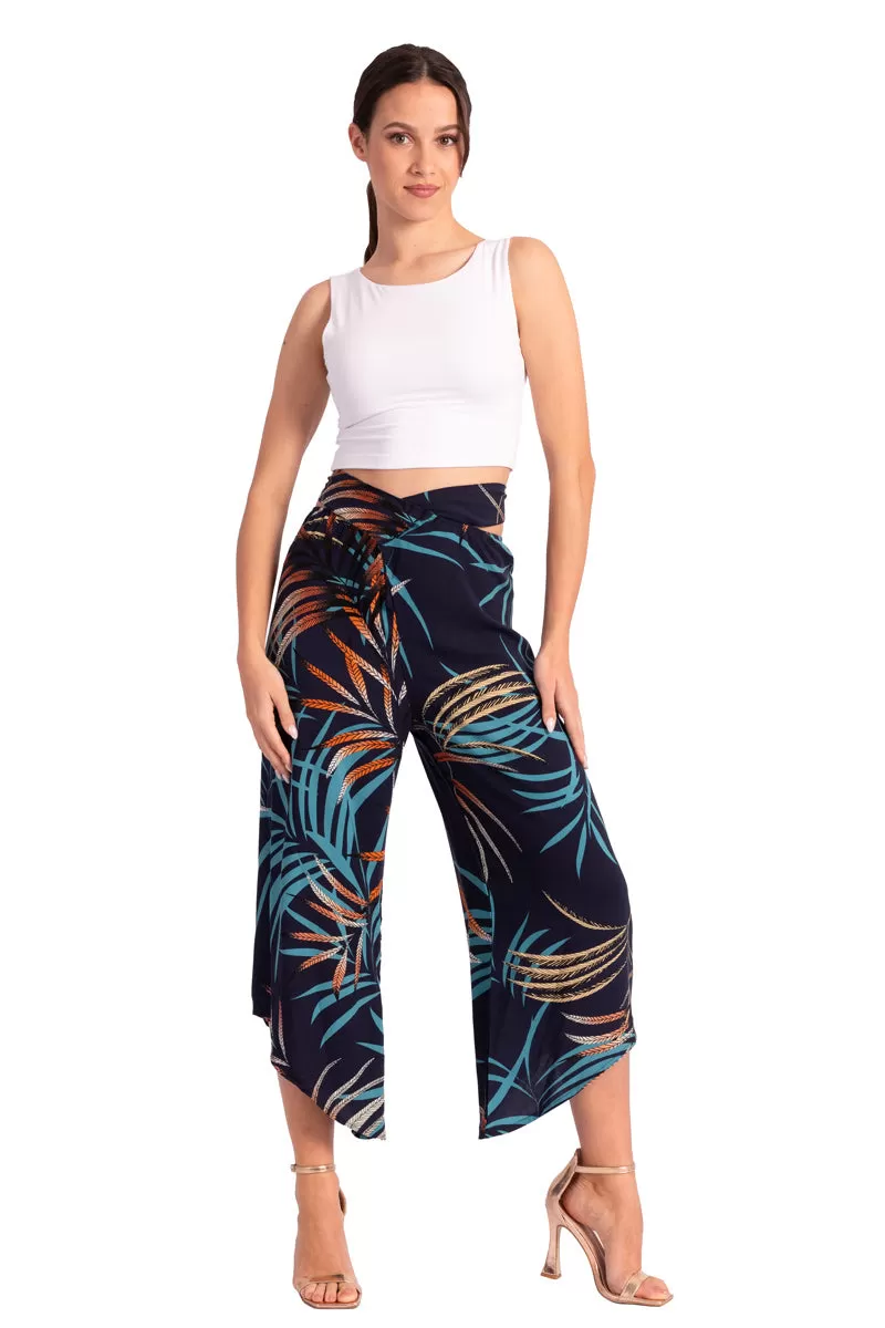 Dark Blue Waist Tie Tropical Print Asymmetric Cropped Pants