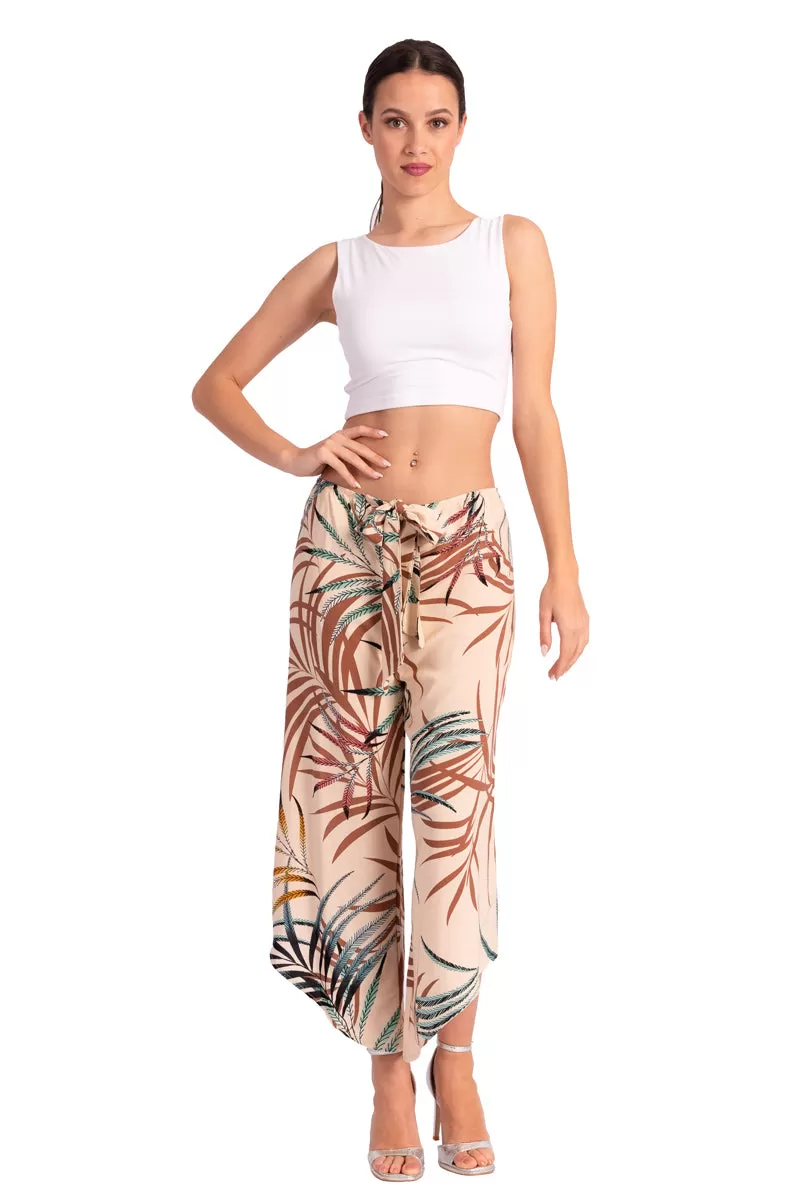 Dark Blue Waist Tie Tropical Print Asymmetric Cropped Pants