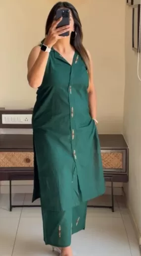 Dark Green Pure Cotton Kurti Pant Set