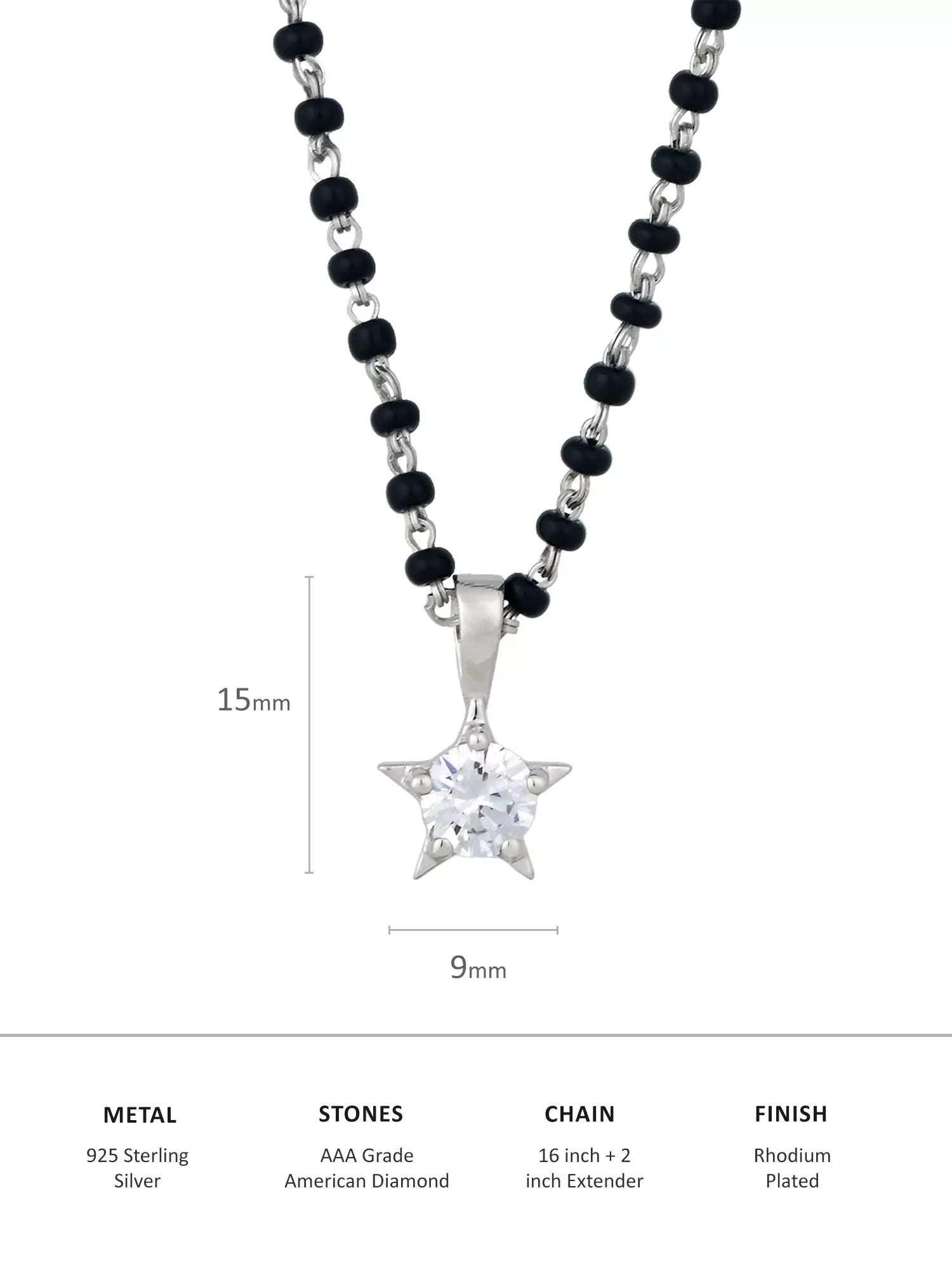 Deal Of The Month - AAA Grade American Diamond And Black Beads Solitaire Star Mangalsutra Made With Silver