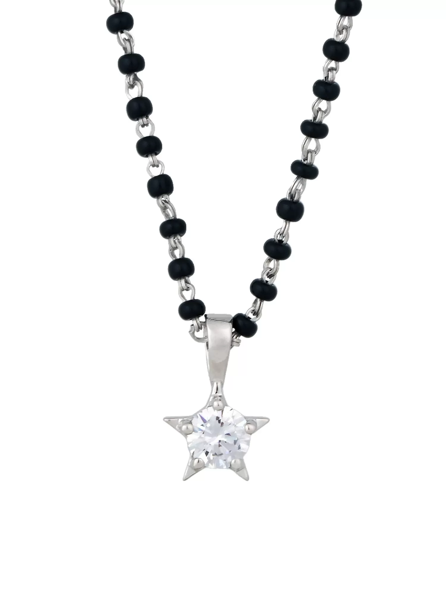 Deal Of The Month - AAA Grade American Diamond And Black Beads Solitaire Star Mangalsutra Made With Silver