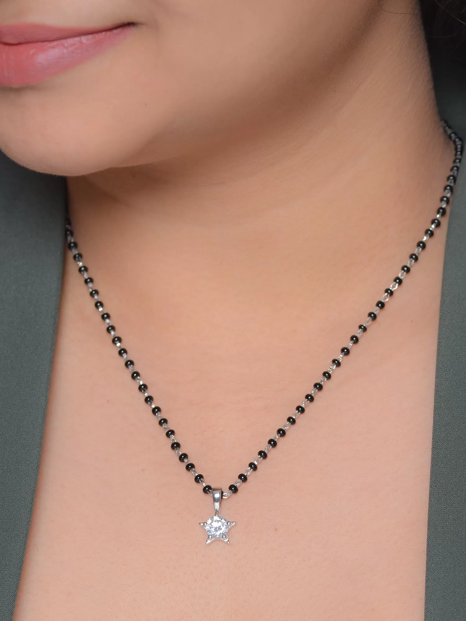 Deal Of The Month - AAA Grade American Diamond And Black Beads Solitaire Star Mangalsutra Made With Silver