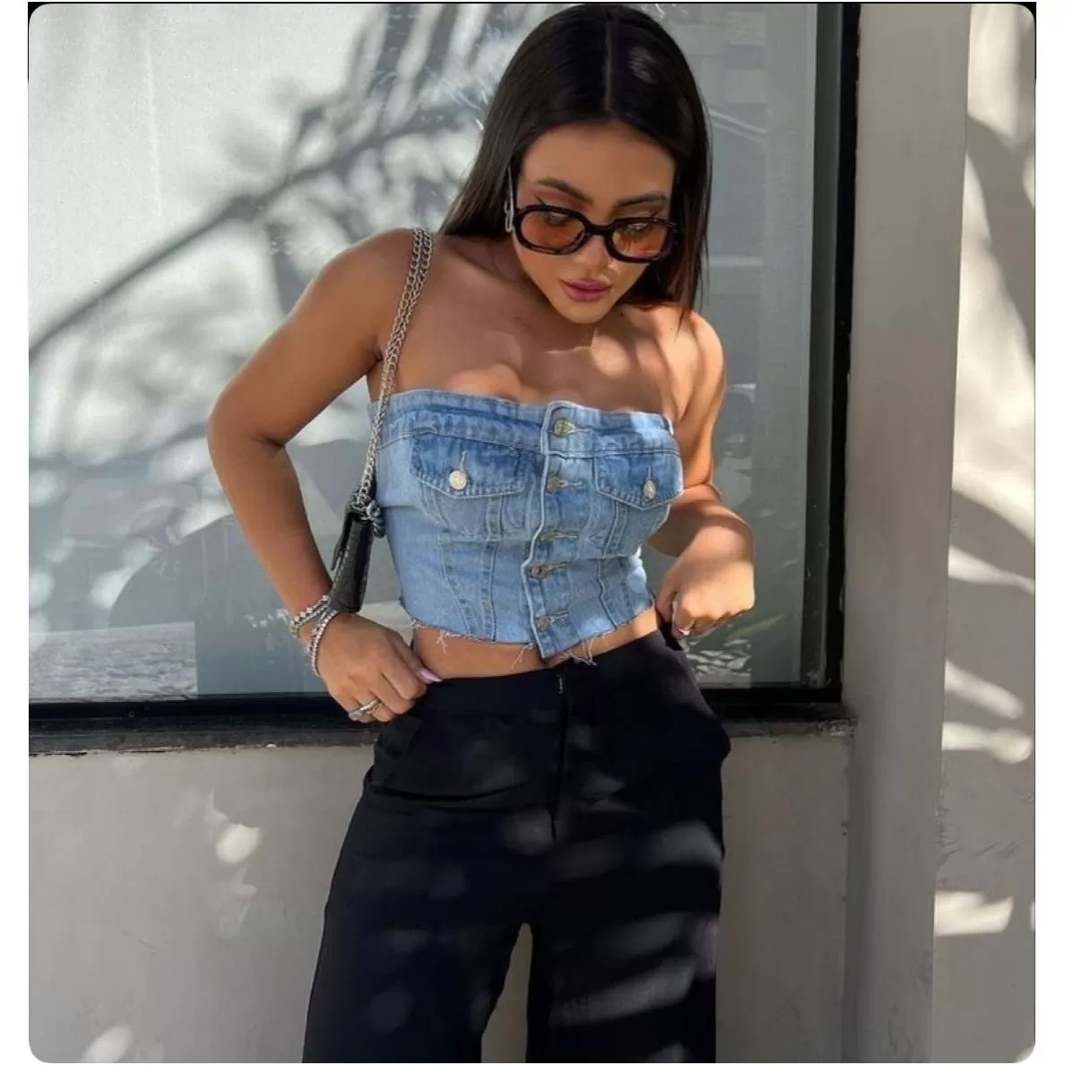 Denim Summer Single Breasted Strapless Crop Top