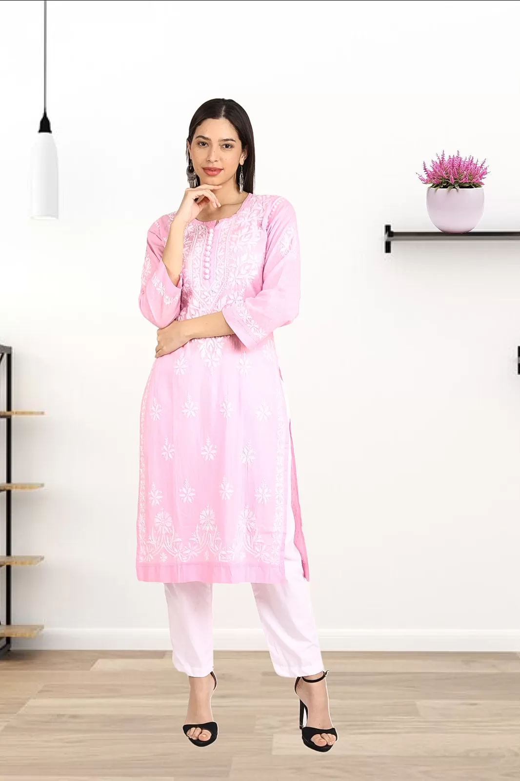 Dobby Neck Chrochet Chikankari Kurti