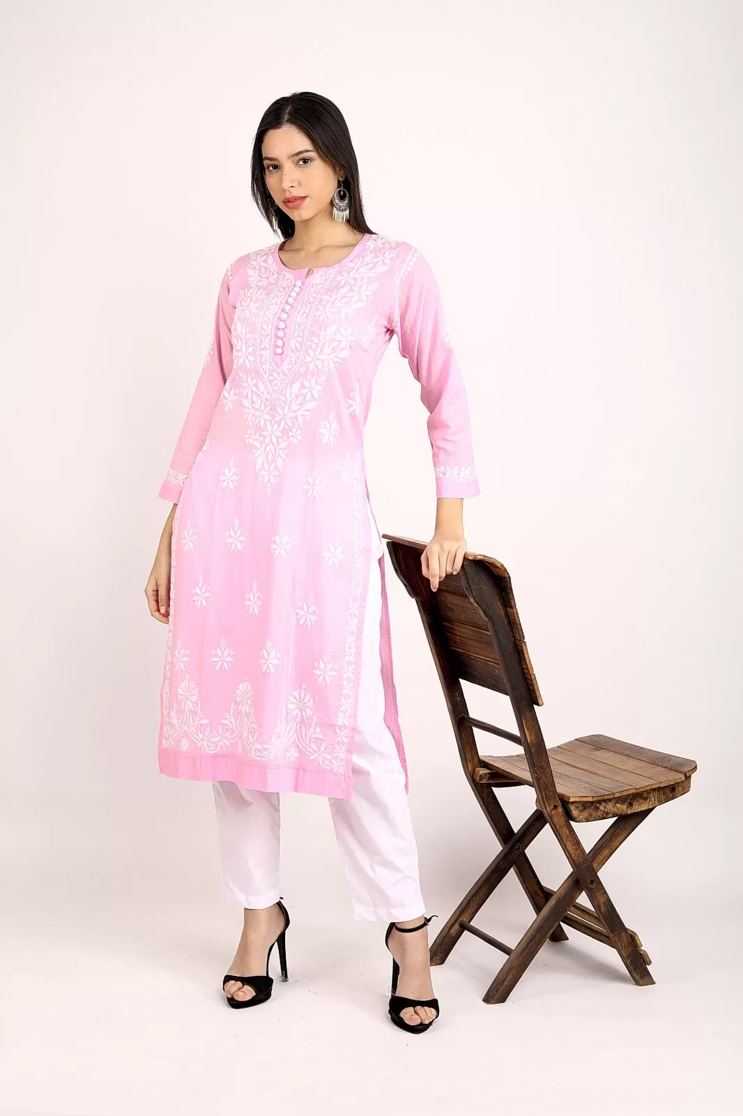 Dobby Neck Chrochet Chikankari Kurti