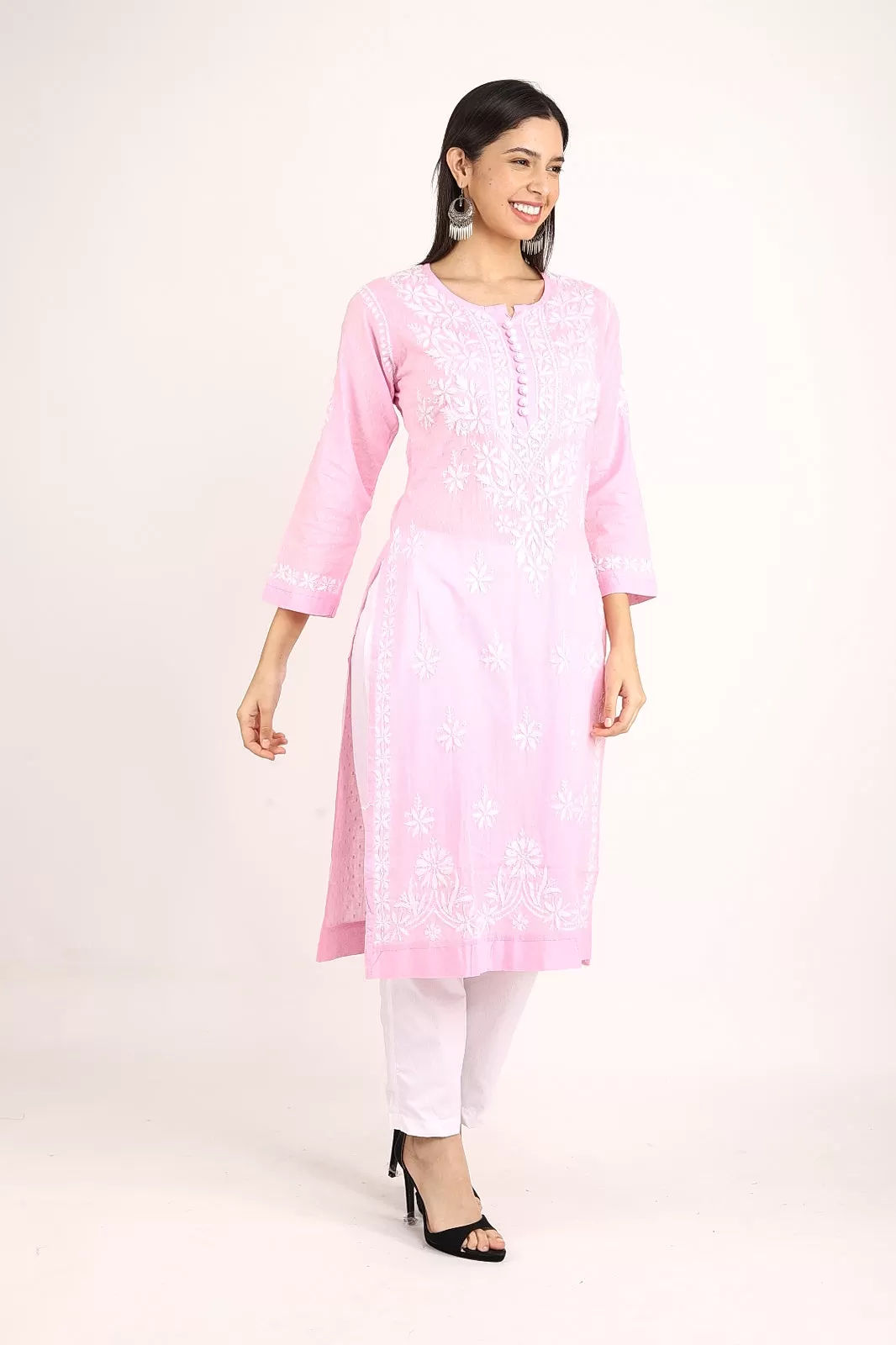 Dobby Neck Chrochet Chikankari Kurti