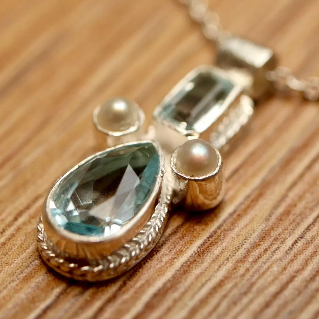 Eleanora Duse Necklace: Silver, Blue Topaz and Pearls