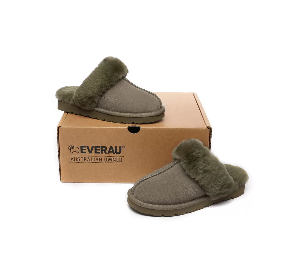 EVERAU UGG Sheepskin Wool Suede Scuff Slippers Muffin